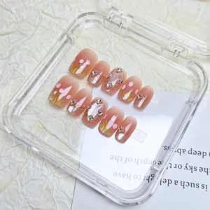 Handcrafted 3D tulip press-on nails detail showing cat eye effect and gemstone decoration.