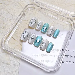Uñas postizas hechas a mano 3D con efecto ojo de gato, estrellas y lazos detalle 10pzas