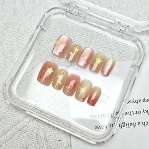 Uñas postizas cortas degradadas con estrellas y puntos, set de manicura ojo de gato brillante.