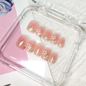 Uñas postizas ojo de gato strass 3D, set de uñas artificiales florales hechas a mano.