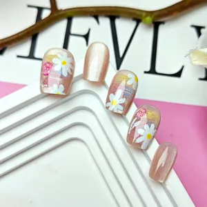 Handgemachte reliefartige Blumen Kunstdruck Nagel-Sticks, luxuriöse Katzenauge Nagelsets.