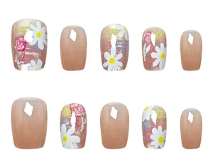 Handgemachte künstliche Nägel mit 3D-Gänseblümchen und Ölgemälde-Design, 10er Set.
