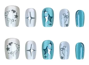 Uñas Postizas 3D Ojo de Gato Estrella Lazo Corazón 10Pcs Uñas Hechas a Mano Detalle