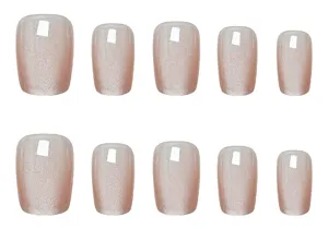 10pcs uñas postizas cortas cuadradas rosa nude ojo de gato perlado set de manicura
