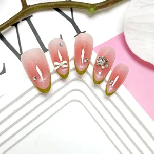 Uñas postizas verdes francesas con ojo de gato y diamantes de imitación lazo 10 pcs