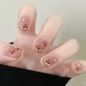 Uñas Postizas Hechas a Mano Lindas Cereza Estrass Ojo de Gato Arte de Uñas Cortas Redondas Estilo Dulce Para Mujeres
