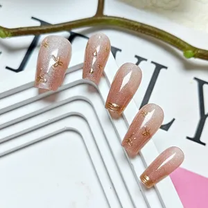 Uñas postizas lazo 3D largo nude ojo de gato manicura hoja de oro hecha a mano lujo