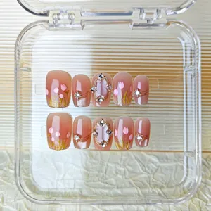 3D handmade press-on nails short fake nails cat eye tulip rhinestones set 10pcs