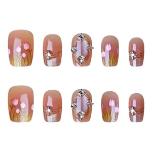 3D Tulip Press-On Nails Handmade Short Fake Nails Cat Eye Gem Rhinestone Nail Art Set