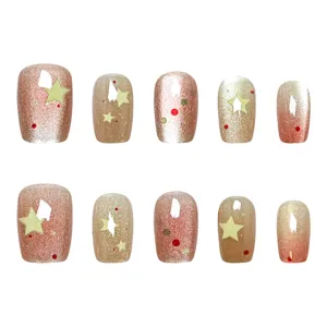 Uñas postizas degradadas con estrellas y puntos, set de uñas cortas ojo de gato brillo.