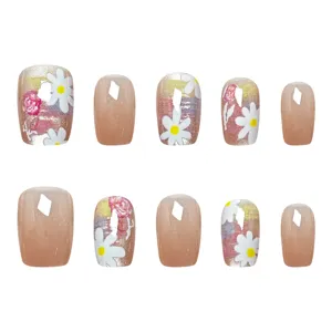 Handgefertigte künstliche Nägel mit Gänseblümchen-Design und Cat-Eye-Effekt, 10 Stück Set.