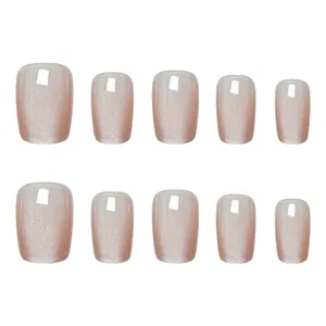 Uñas postizas cortas nude efecto ojo de gato set de manicura uñas artificiales 10p