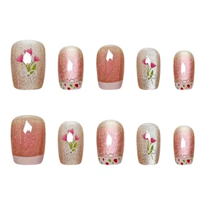 Kurze künstliche Nägel Katzenauge Tulpen Schleife rosa Nagelset 10 Stk Maniküre Art