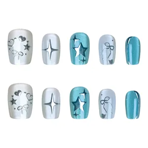 3D uñas postizas estrelladas, diseño gel ojo de gato, hermosas uñas lazo corazón hechas a mano