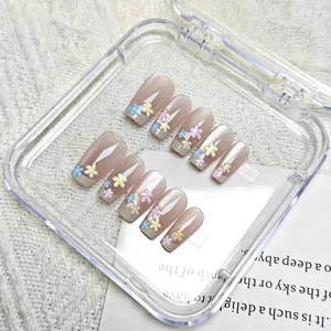 Uñas postizas ojo de gato hechas a mano con relieve floral 3D manicura francesa 10 pzas