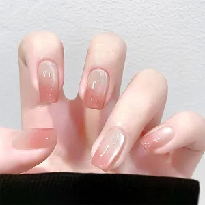 Gradient Cat Eye Press On Nails Short Tapered Fake Nails Pink Artificial Nail Tips Full Cover Manicure Set