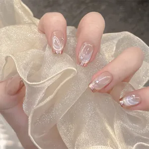 Handmade Press On Nails Cat Eye Rhinestone French Trapezoid False Nails Artificial Finger Nail Art Tips For Women