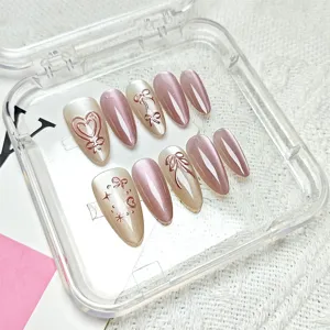 Handmade Press On Nails Almond Shape Cat Eye Heart Bow False Nails Artificial Nail Tips With Storage Box