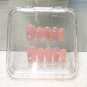 Uñas postizas hechas a mano efecto ojo de gato con perlas strass 3D, estilo tierno de arte.
