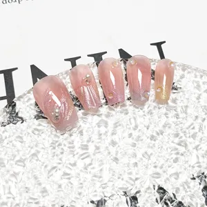 Uñas postizas hechas a mano con efecto ojo de gato, pedrería 3D y perlas, estilo tierno.