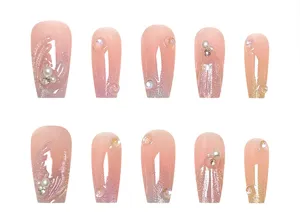10 Pcs Uñas Postizas Ojo De Gato 3D Perla Diamantes Uñas Falsas Dulces Manicura Hechas A Mano
