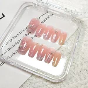 Uñas postizas de ojo de gato hechas a mano con perlas y cristales, set de uñas.