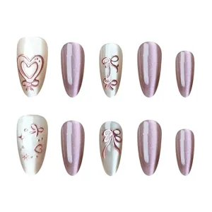 Handcrafted almond press-on nails featuring elegant 3D bows and cat-eye effect, 10pcs set.
