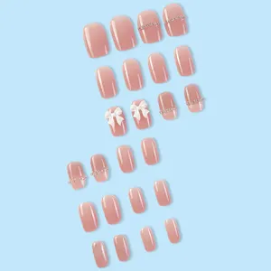 Unghie finte rosa nude effetto occhio di gatto, unghie corte quadrate con fiocco 3D e strass, 24pz.