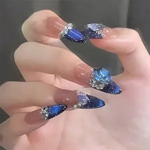 Handgemaakte Lange Kattenoog Strass Press On Nagels Franse Valse Nagels Luxe Acryl Nagels Voor Vrouwen Feest Nagelkunst