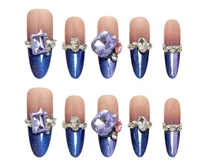Gedetailleerd overzicht van handgemaakte lange press-on nagels met sprankelend cat eye en grote strass.