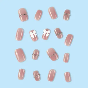 Unghie finte rosa nude quadrate corte occhio di gatto strass fiocco set 24pz