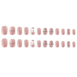 Unghie finte rosa nude corte occhio di gatto unghie finte con fiocco strass 24pz