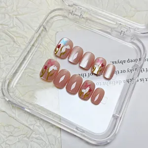 Kurze künstliche Fingernägel 10Stk 3D Blumen Schmetterling Cat-Eye Nagelset für Damen