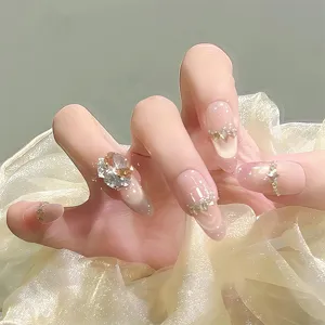 Handmade Press On Nails Nude Pink Cat Eye Glitter Rhinestone Short Almond False Nail Art Tips Set For Women
