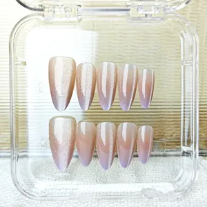 Uñas postizas degradadas rosa marrón ojo de gato morado, set de manicura brillante artesanal.