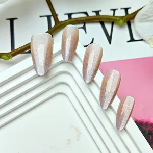 Uñas postizas degradadas rosa marrón ojo de gato morado, set de uñas brillantes hechas a mano.