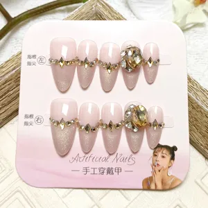 Handmade press-on nails nude pink cat eye glitter rhinestones 10pcs reusable fake nails