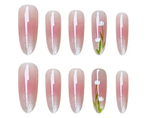 10pcs uñas postizas hechas a mano, degradado rosa brillo ojo de gato con arte floral de tulipán.