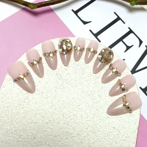 Handmade press-on nail tips nude pink cat eye glitter rhinestone 10pcs fake nails art decor