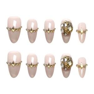 Handcrafted press-on nails with cat-eye glitter and large rhinestones, nude pink, 10pcs
