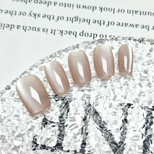10 pzas uñas postizas cortas trapezoidales, rosa nude cálido ojo de gato nail art minimalista principal.