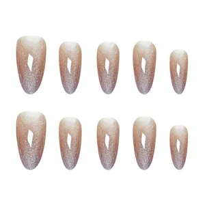 Uñas postizas ojo de gato rosa marrón violeta, uñas artificiales con brillo hechas a mano 10 piezas.