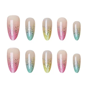 Unghie finte mandorla colorate cat eye paillette arcobaleno set 10 pz eleganti