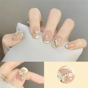 Uñas Postizas Hechas a Mano Estilo Francés Nude Ojo de Gato Strass Perla Mariposa Uñas Postizas Cortas Coffin Conjunto de Arte para Mujeres