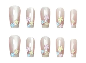 Uñas postizas con flores en relieve 3D, detalles de manicura francesa ojo de gato, 10 piezas.