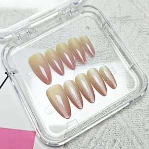 Unghie Finte Press On Sfumatura Occhio di Gatto Nude Giallo Rosa Corto Mandorla Fatte a Mano Punte per Nail Art in Acrilico per Donne