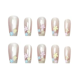 Uñas postizas en relieve 3D con flores de colores, set de manicura francesa ojo de gato.