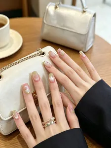 Ongles press-ons courts exquis avec un éclat cat-eye rêveur et de délicats diamants.