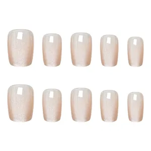 Nude pink cat eye press on nails short square fake nail tips glossy shimmer 10pcs set
