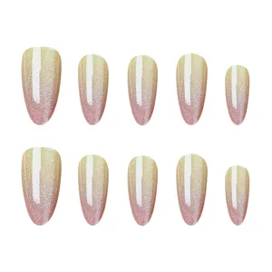 10 Pz Unghie Finte Occhio di Gatto Sfumate Mandorla Nude Giallo Rosa Press On
